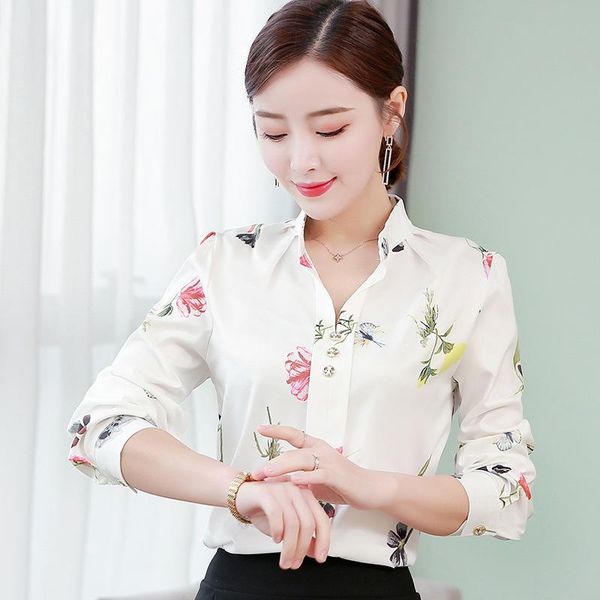 

casual blusa women shirt turn down collar chiffon blouse long sleeve floral print blouses office lady work shirts korean camisas women', White