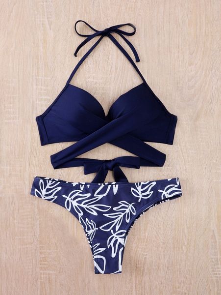 

plant print wrap push up bikini swimsuit j1ij#, White;black