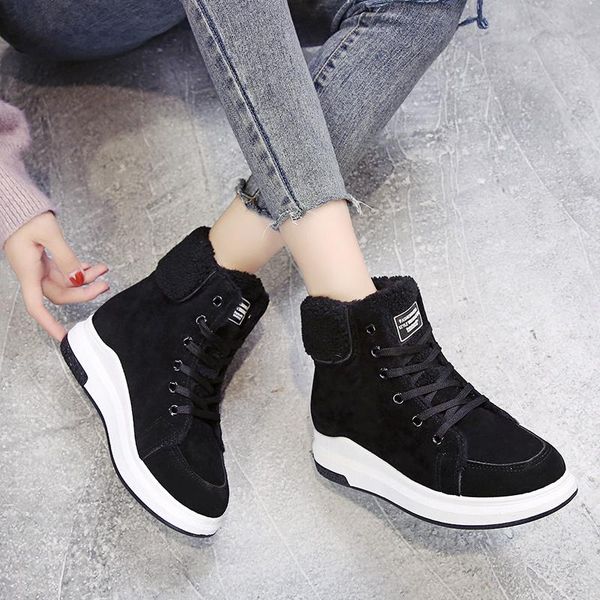 

boots 2021 winter casual high-women's shoes plus velvet warm suede black all-match flat snow