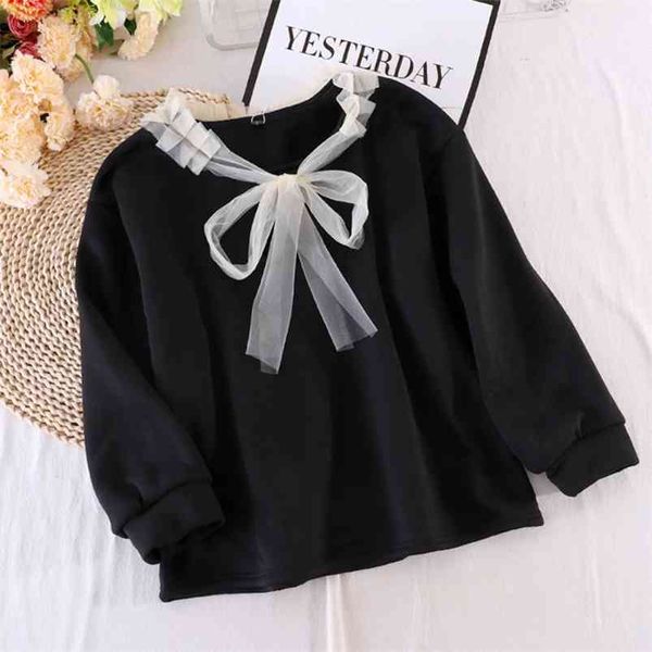 

college style sweet hoodies girl autumn winter pullovers fungus side mesh collar plus velvet sweatershirts gx1123 210507, Black