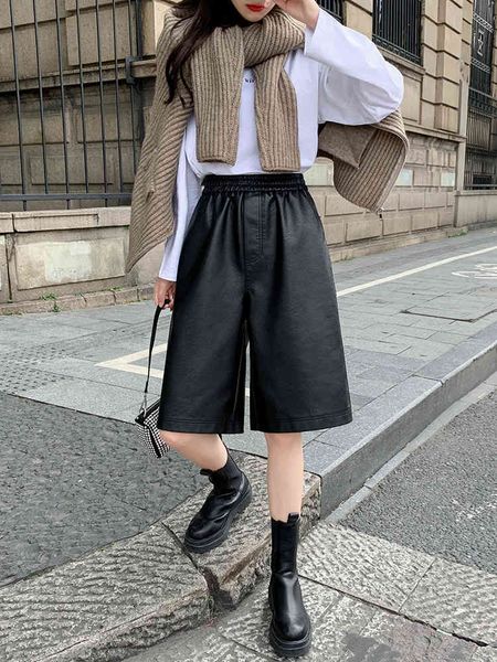 

elastic high waist leather shorts knee women's spring autumn loose black wide leg pu pants 70a 210420, Black;white