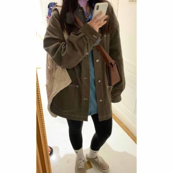 

net red same version large pocket open line loose work jacket women's windbreaker jacket autumn army green top, Black;brown