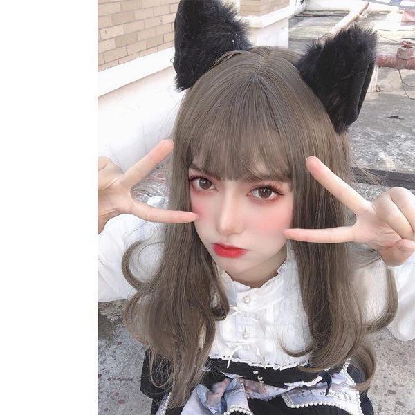 

lolita cosplay long curly air bangs big wave aoki linen gray cute girl fiber synthetic high temperature resistant wig1, Black