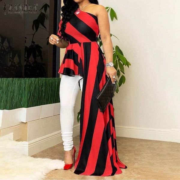 

women's blouses & shirts zanzae asymmetrical women 2021 summer lady stylish off shoulder casual striped puff sleeve zipper oversized b, White