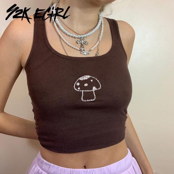 

women's tanks & camis y2k egirl vintage straped brown indie aesthetics mushroom rhinestone graphic cropped vests 90s streetwear sleeve, White