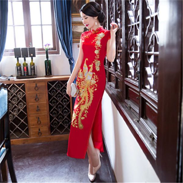 

ethnic clothing graceful red robe longue femme plus size with embroidery chinese wedding dress mother of the bride catwalk cheongsam ul3z