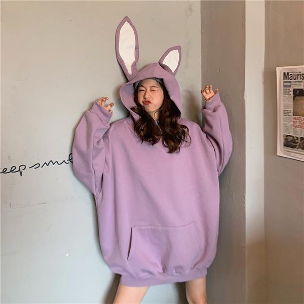 

women's hoodies & sweatshirts spring autumn women hoodie cotton full-sleeve lovely ears pocket casual plus size loose pullover, Black