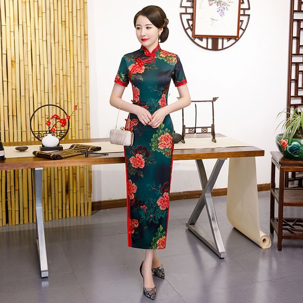 

plus size 4xl women elegant chinese mandarin collar cheongsam long satin short sleeve prined broadside orientale banquet qipao, Red