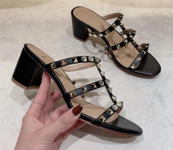 

sandals 2021 designer ladies heel sandals, leather rivet fish mouth roman shoes, high women's summer styles, Black