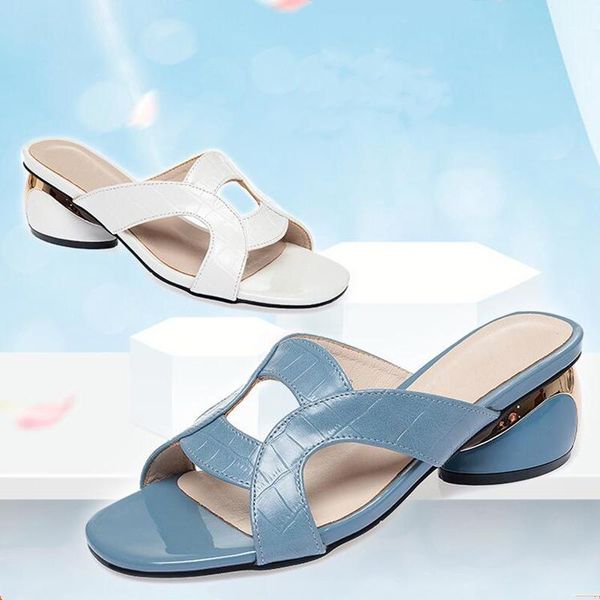 

summer slippers for women 2021 genuine leather high heels female cowhide sandals casual rough with outdoor flip flops 35-41, Black