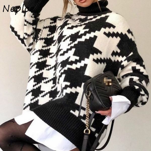 

chic geometric plaid panelled knitted pullovers casual vintage women sweaters autumn winter turtleneck jackrt 210430, White;black