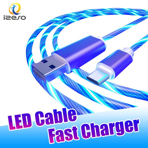 

led flowing light cables 2a fast charging line 3ft type c micro usb cable wire phone quick charger cord with retail package izeso