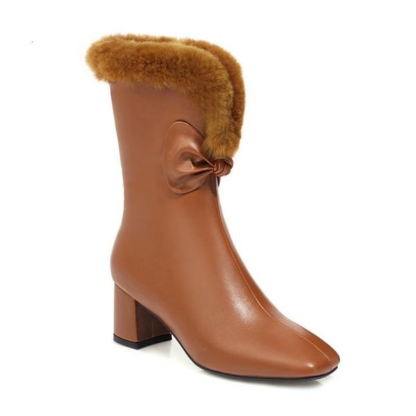 

boots big size square head bow woman winter women shoes botas 89m6, Black