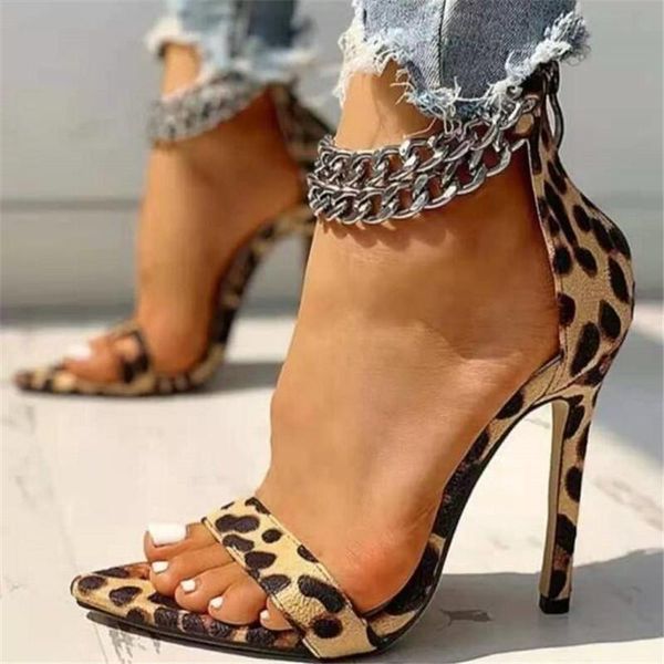 

dress shoes summer women's sandals pointed toe chain design 12cm stiletto leopard print high heels 35-43, Black