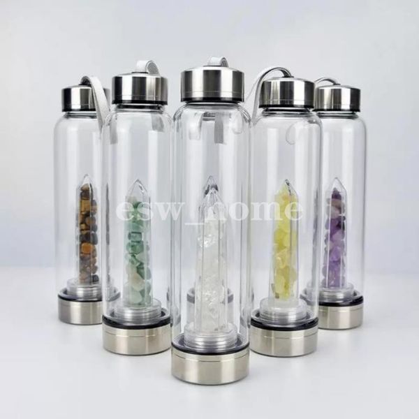 Bicchieri per bottiglie d'acqua in vetro con gemme di quarzo naturale Bicchieri per bevande dirette Obelisco di cristallo Bacchetta per bacchette curative Bottiglie con corda