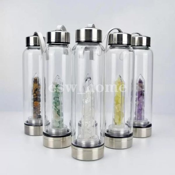 Natural Quartz Gemstone Garrafa de Água de Vidro Tumblers Direto Beber Copo de Cristal Obelisco De Cristal Wand Frascos de varinha de cura com corda