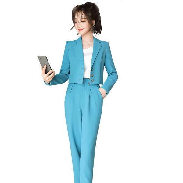 

fashion spring blazer set ladies pant suit female formal 2 piece green blue black short coat and high waist trouser women's two pants, White