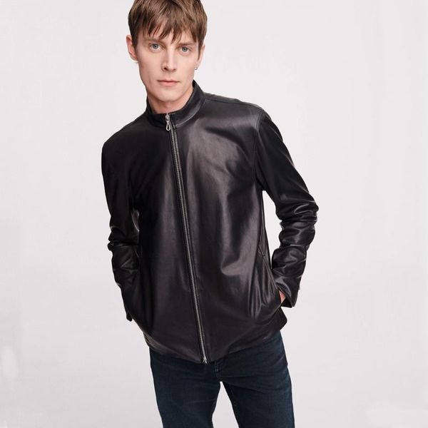 

men's leather & faux oem luxury imported sheepskin genuine clothes simple jacket style us size, Black