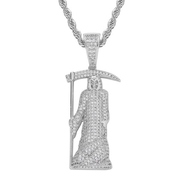 

pendant necklaces reaper skull sickle micro-inlaid zircon hip hop exaggerated personality men's accessories, Silver