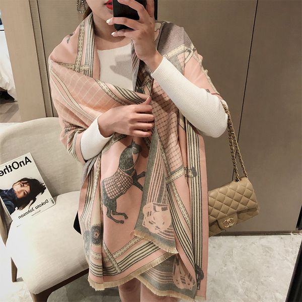 

carriage chain imitation cashmere scarf women's warm thickened fashion double-sided shawl gift, Blue;gray