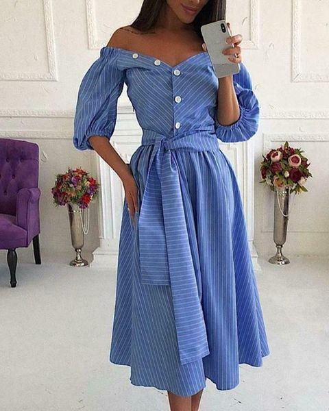 

summer midi dress women's dresses 3/4 sleeve bodycon lace up waisted elegant ol casual off shoulder striped ladies, Black;gray