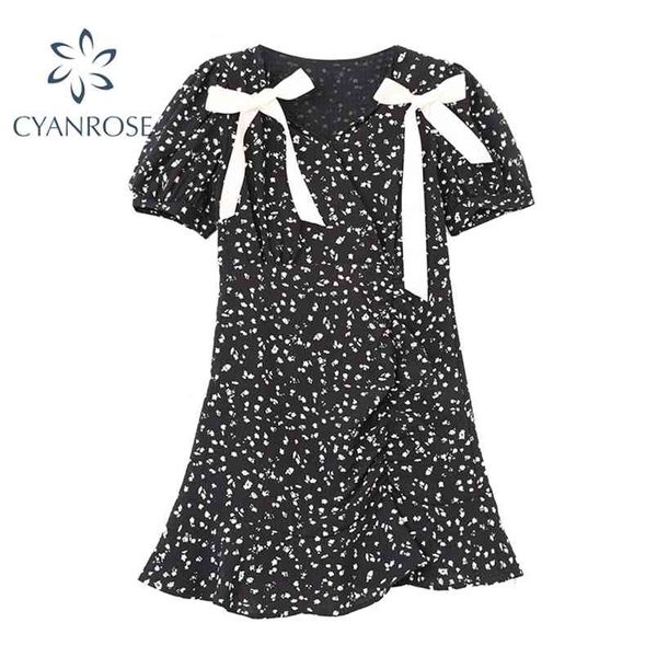 

summer white bow lace up women dress korean style vintage flower printed lantern short sleeve ruffle female a line dresses 210515, Black;gray