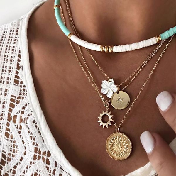 

chains vintage multilayer necklace fashion bohemian flower coin shell pendant summer for women jewelry wholesale, Silver