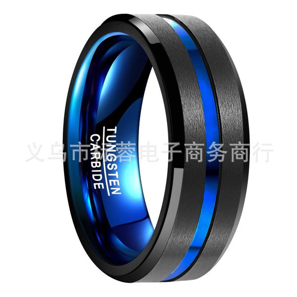 

men's 8mm wide vacuum plating black + blue two color tungsten steel ring, Silver