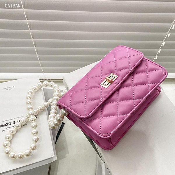 

lattice square crossbody bag 2021 summer high-quality pu leather women's designer handbag pearl strap shoulder messenger cross body