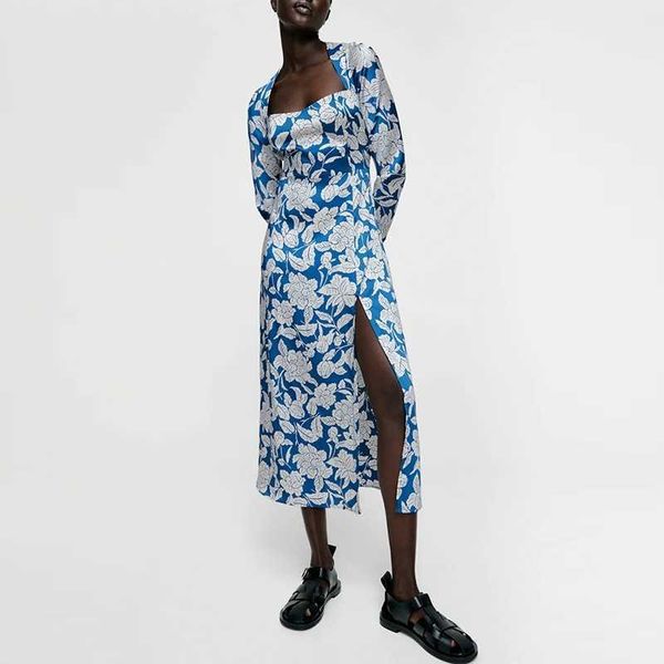 

spring flower print elegant midi dress women square collar long sleeve a-line party split lady wb1020 210525, Black;gray