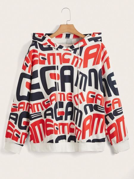

plus letter graphic drop shoulder drawstring hoodie p4wi#, Black