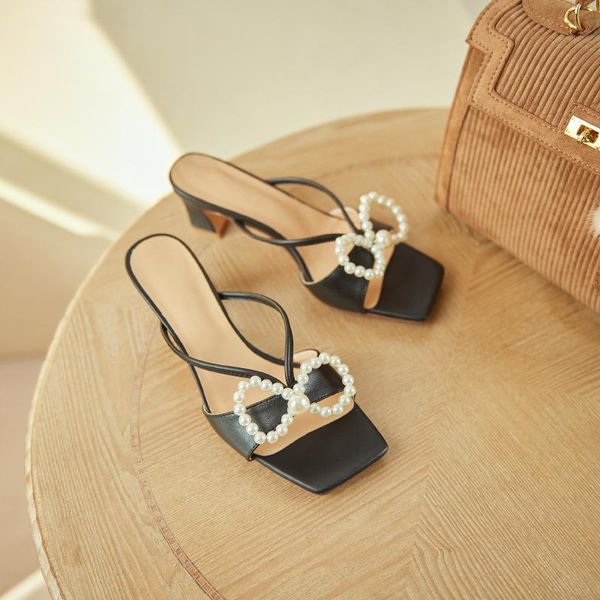 

slippers 2021 european summer genuine leather women high heels fashion pearl bow party shoes 100% cowhide, Black