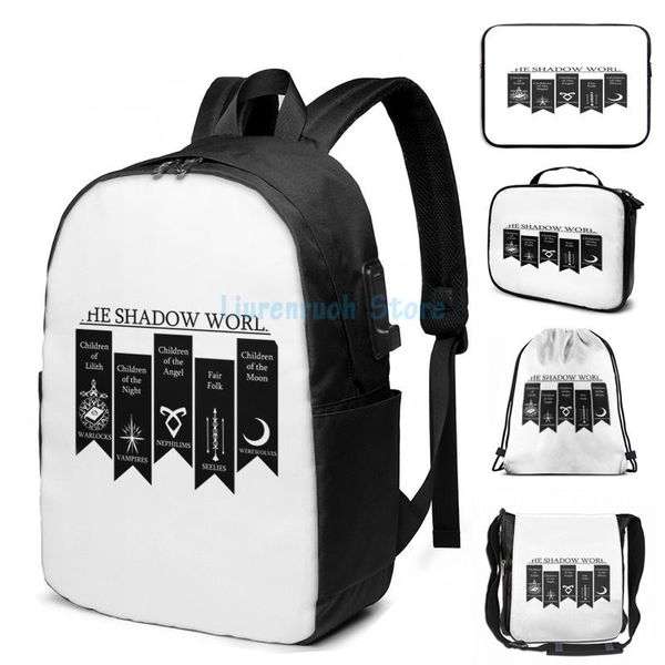 

funny graphic print the shadow world usb charge backpack men school bags women bag travel laptop