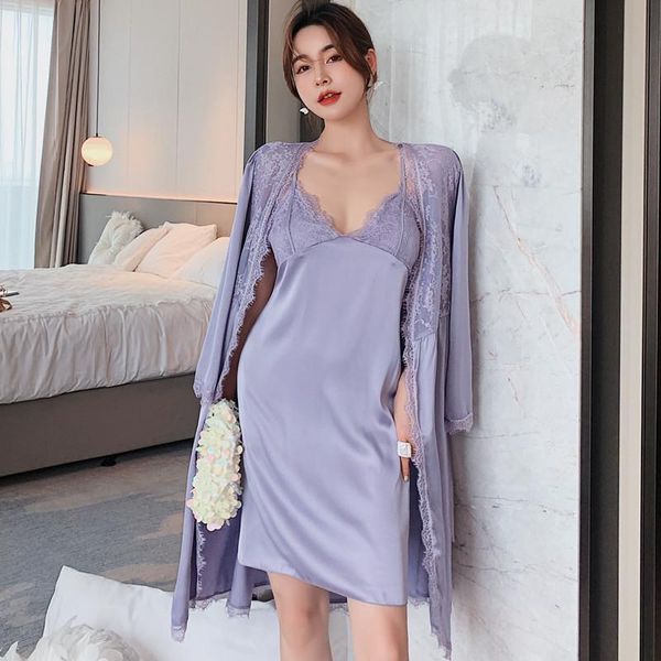 

women's sleepwear vintage hollow out solid female robe sets satin lace v-neck cardigan kimono gown thin backless strap nighty 2pcs, Black;red