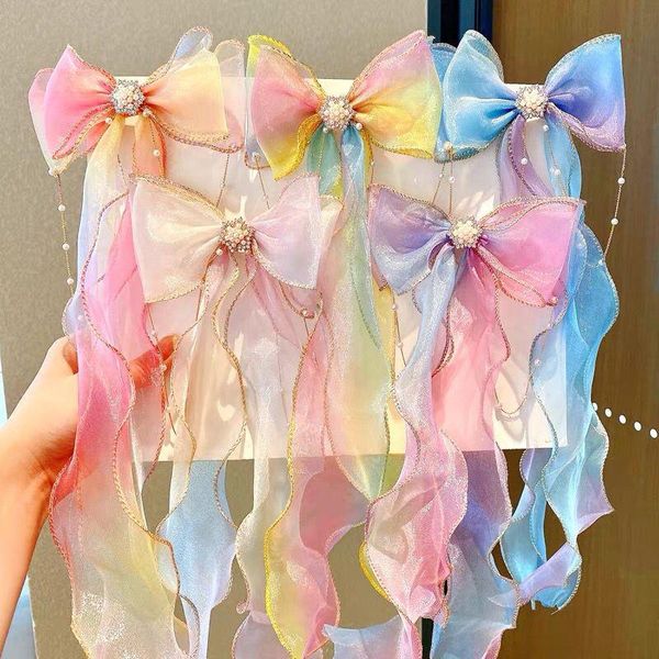 

hair accessories 1piece korean girls bow clips gradient long ribbon pearls star shiny diamond hairgrips princess hairpins, Slivery;white