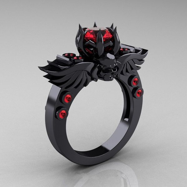 

designer rings new skull finger black female wedding ring red blue pink crystal cz devil wings skeleton for women gothic punk jewelry, Golden;silver