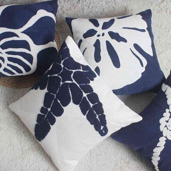 Decorazioni per la casa Fodera per cuscino ricamata Navy Starfish Shell Federa per cuscino in tela Cotone Suqare Copricuscino per ricamo 45x45cm 210401