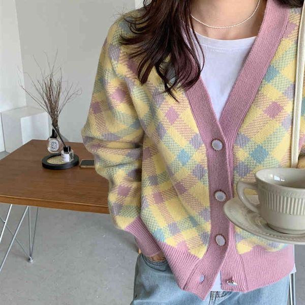 

women's jackets colorfaith autumn winter sweater fashionable elegant checkered oversized buttons cardigans retro swc1504jx je9v, Black;brown