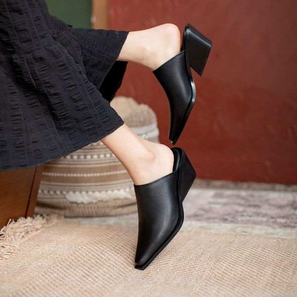 

pointed toe thick high heels genuine leather women pumps dress party shoes summer footwear fashion sandals platform slipper, Black