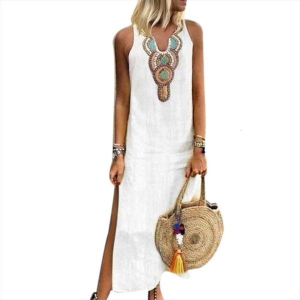 

80% summer paisley print women dresses v neck sleeveless split maxi linen loose kaftan dress, Black;gray