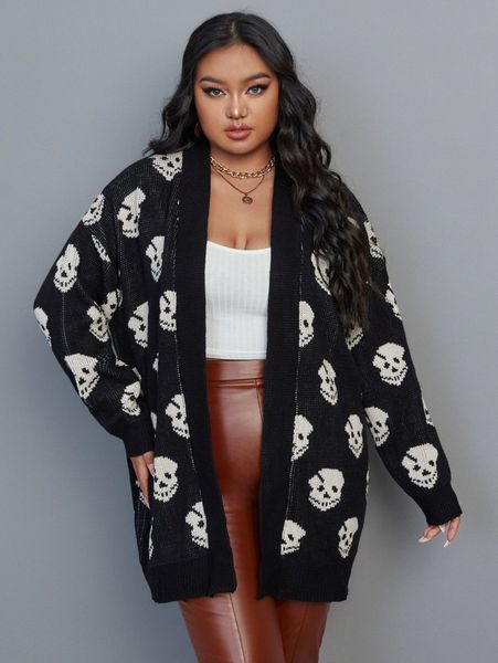 

plus skull pattern drop shoulder open front cardigan z67s#, Black
