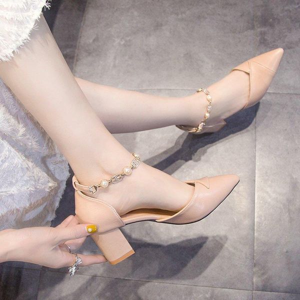 

sandals high heels female stiletto 2021 spring fairy style fashion wild word with temperament pointed toe women's single shoes, Black