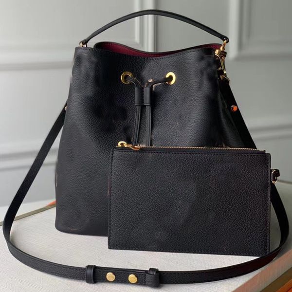 

neonoe bucket bag fashion handbag purse embossed letter graind genuine leather shoulder crossbody bags flower printing drawstring handbags a