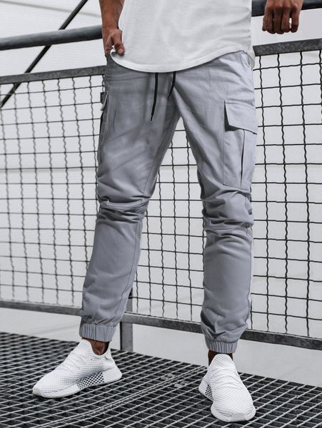 

men flap pocket drawstring waist pants w37f#, Black