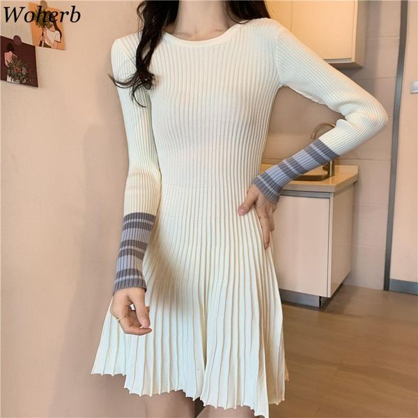 

casual dresses woherb vintage 2021 warm dress vestido de festa slim autumn winter knitted sweet sweater midi women pleated vestidos, Black;gray