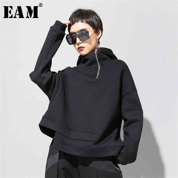 

[eam] loose fit asymmetrical oversized sweatshirt hooded long sleeve women big size fashion spring autumn 19a-a527 210809, Black