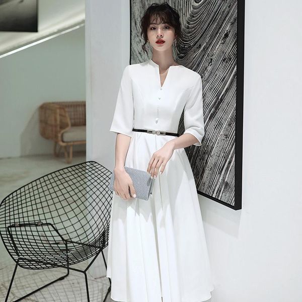 

ethnic clothing belt v-neck dresses a-line white cheongsams bridal wedding party qipao satin temperament evening banquet vestidos de festa, Red