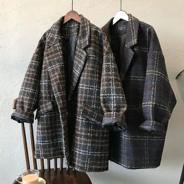 

women's wool & blends yan shuang suit collar woolen coat 2021 winter korean plaid thickened warm 0688, Black
