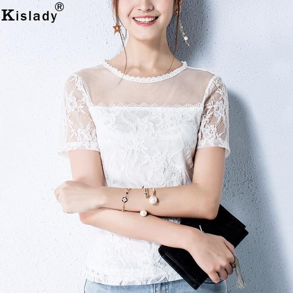 

women's blouses & shirts kislady 2021 summer foreign flavor harajuku lace blouse patchwork elegant white fashion round neck short women