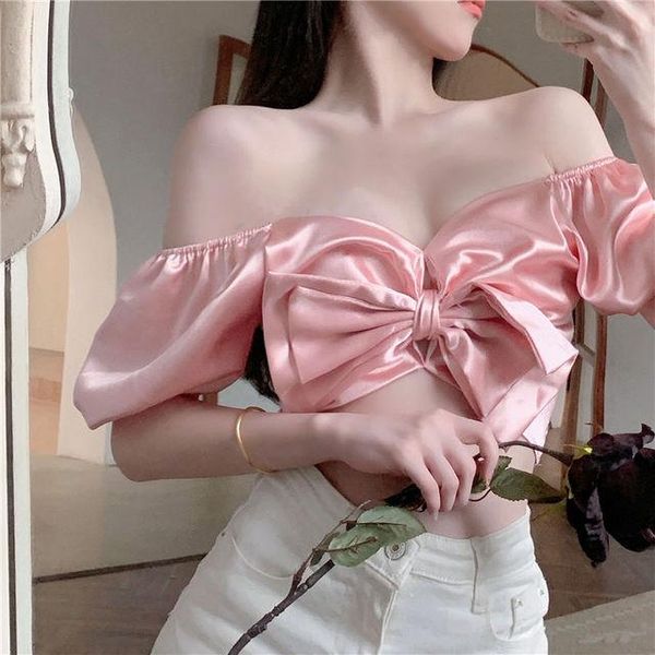 

women's blouses & shirts herstory women off shoulder sweet cute korean puff sleeve bow designer summer 2021 party night club ladies cro, White